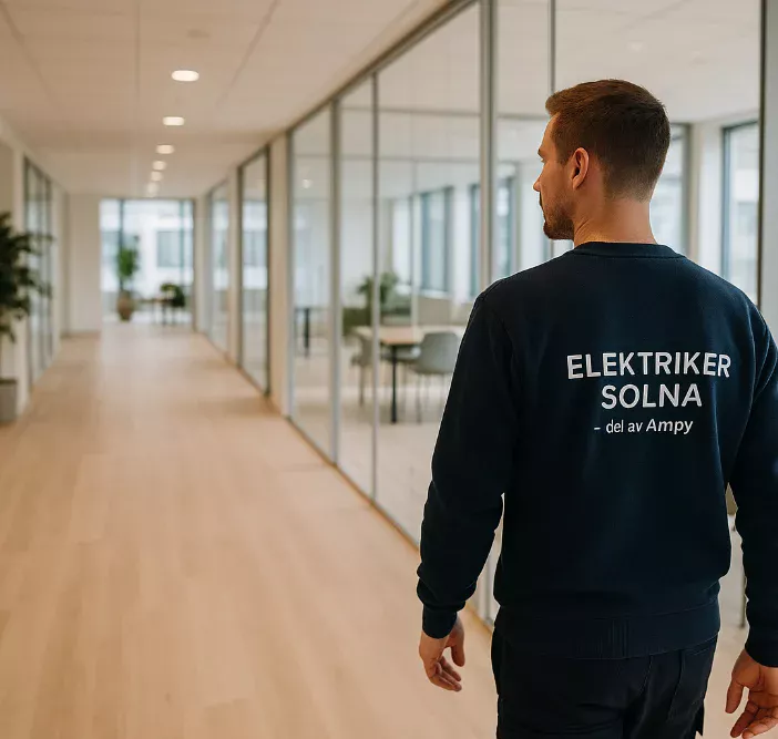 Företag/BRF 1 Certifierad elektriker från Elektriker Solna promenerar genom moderna företagslokaler – redo att bistå företag och BRF:er med elservice.