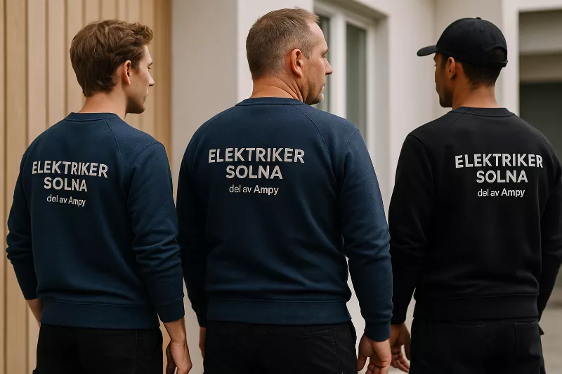 Elektriker 31 Tre elektriker från Elektriker Solna i företagskläder – står utanför en bostad och visar ryggen med logotypen tydligt synlig.