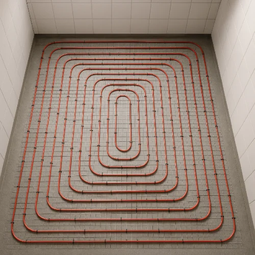 Golvvärme installation i badrum i Solna – trygg elkomfort Golvvärmesystem installerat i badrum i Solna – elbaserad värmeslinga monterad av certifierad elfirma.