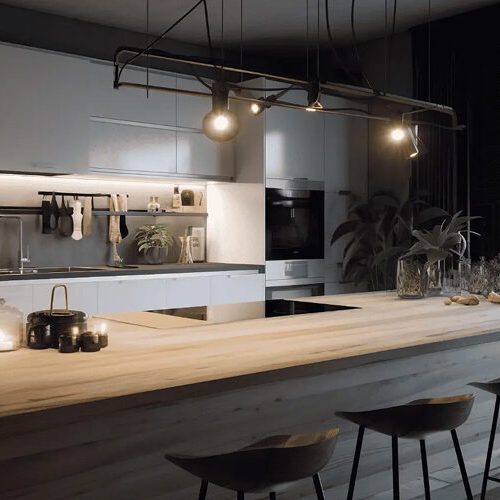 Installerade spotlights och LED-belysning i kök i Solna – ljussättning anpassad för funktion och atmosfär.