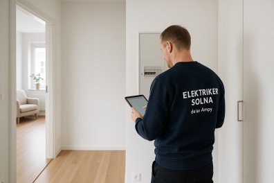 Elektriker i Solna – digital elbesiktning med ROT och försäkring Certifierad elektriker i Solna utför elbesiktning med surfplatta – relevant för ROT-avdrag och försäkringsärenden.