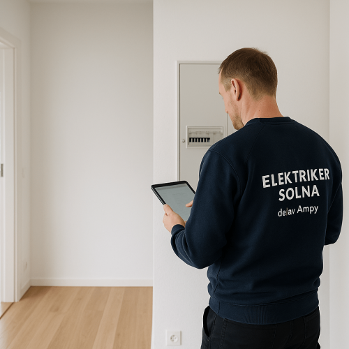 Elektriker i Solna – digital elbesiktning med ROT och försäkring Certifierad elektriker i Solna utför elbesiktning med surfplatta – relevant för ROT-avdrag och försäkringsärenden.