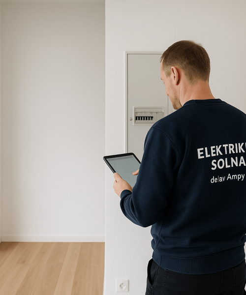 Certifierad elektriker i Solna utför elbesiktning med surfplatta – relevant för ROT-avdrag och försäkringsärenden.