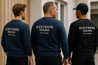Tre elektriker från Elektriker Solna i företagskläder – står utanför en bostad och visar ryggen med logotypen tydligt synlig.