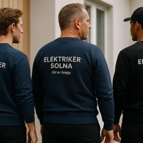 Teamet på Elektriker Solna – lokala elektriker redo att hjälpa dig Tre elektriker från Elektriker Solna i företagskläder – står utanför en bostad och visar ryggen med logotypen tydligt synlig.